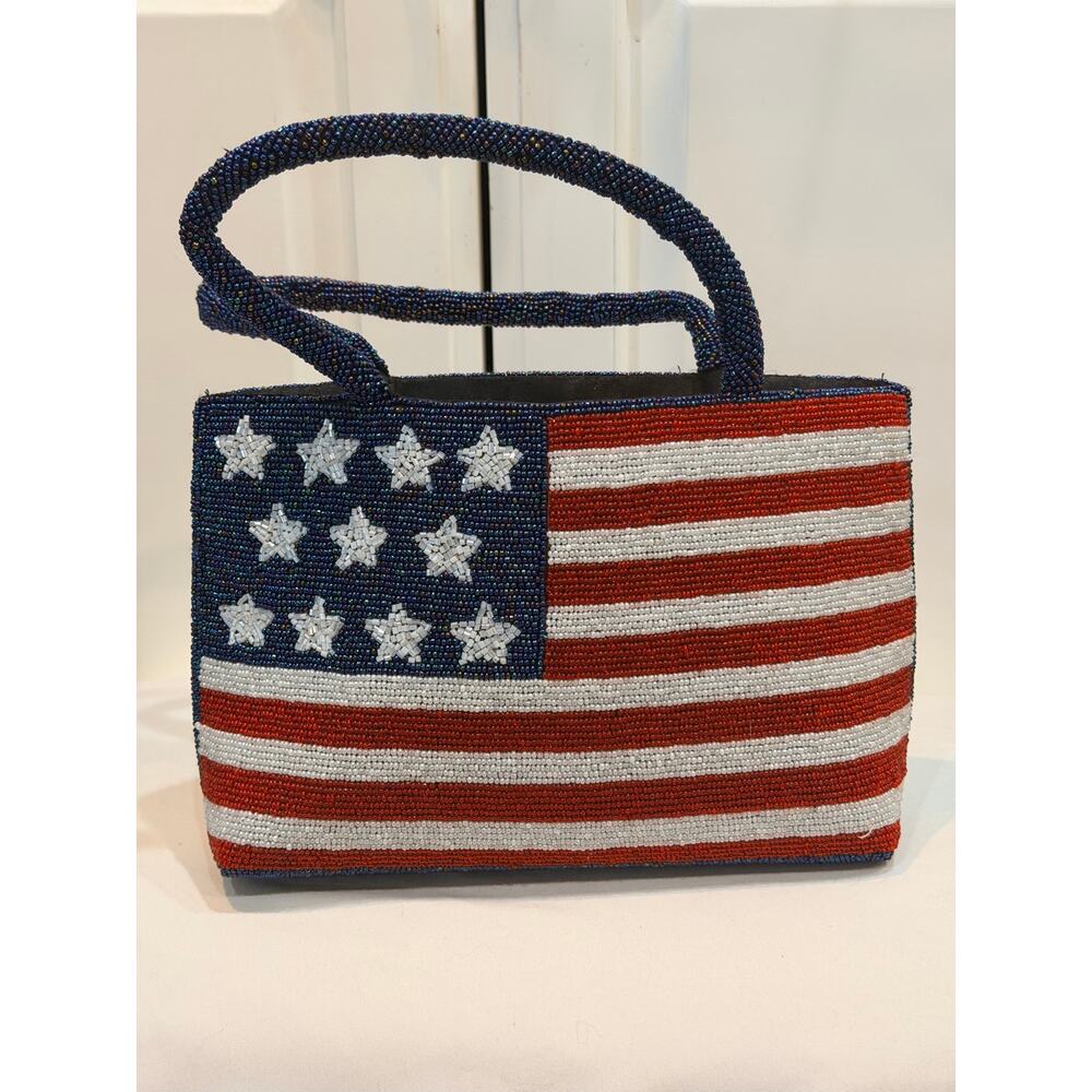 Valerie Stevens Beaded American Flag Handbag Patriotic Top Handle Bag